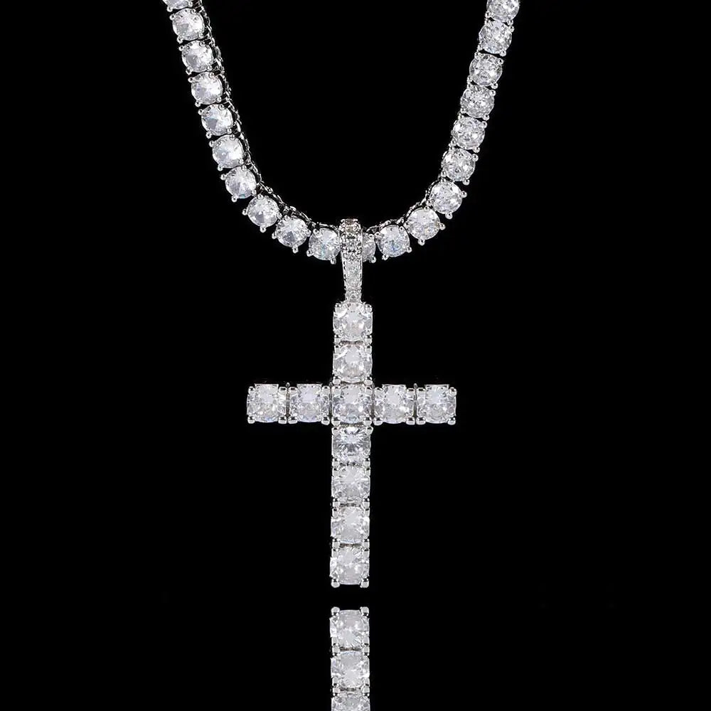 Fashion Simple Bling Cross Jewelry Iced Out Cubic Zirconia Diamond 18k White Gold Plated Cross Pendant Necklace For Men Women