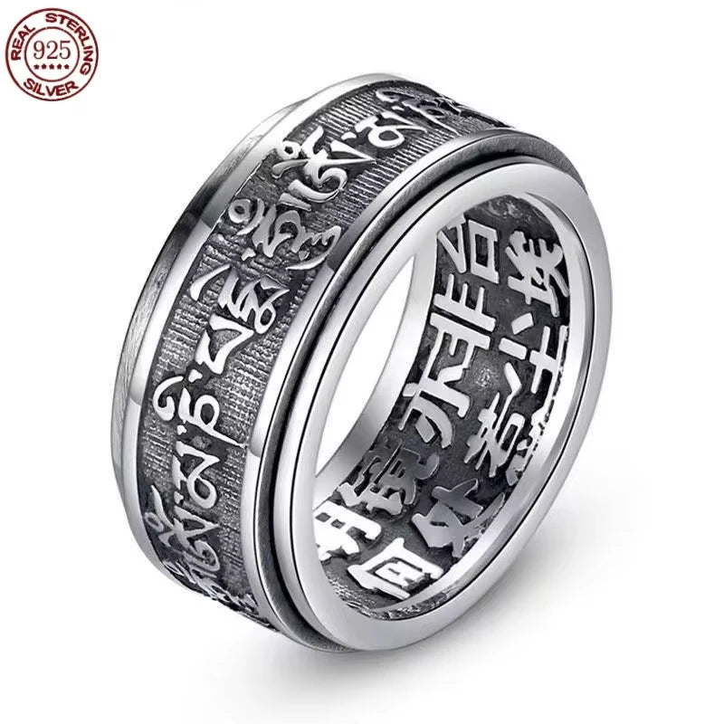 Real 925 Sterling Silver Vintage Rings Rotatable Tibetan Six Words Mantra Rings Om Mani Padme Hum Buddhist Jewelry