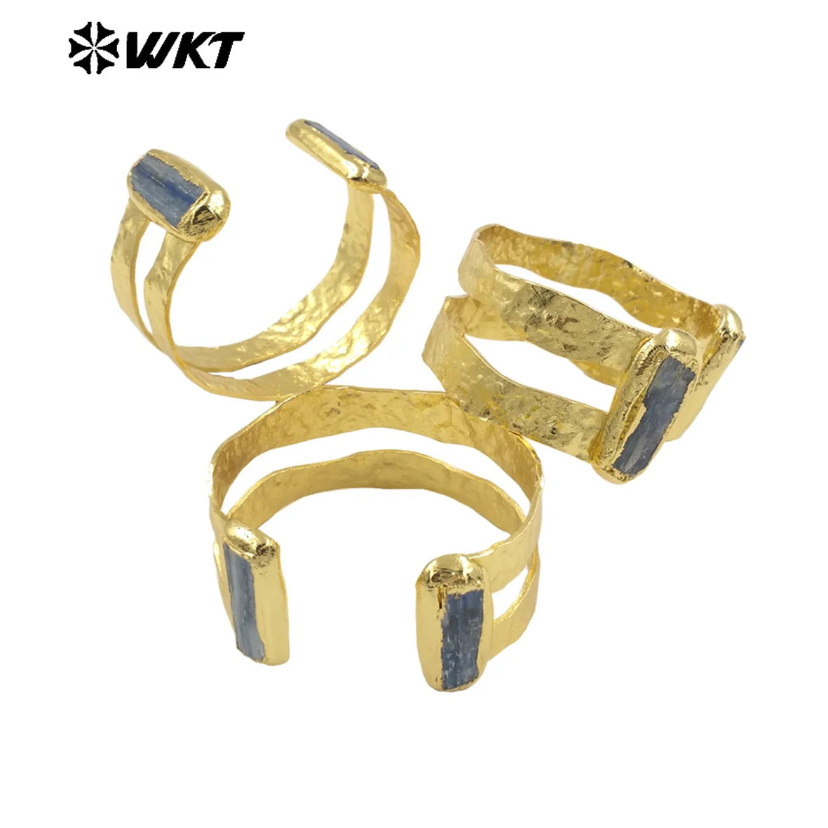 WT-B665 Natural Rectangle Blue Kyanite Hollow Design 18k Gold Plated Cuff Adjustable Bangle For Unisex Decorated