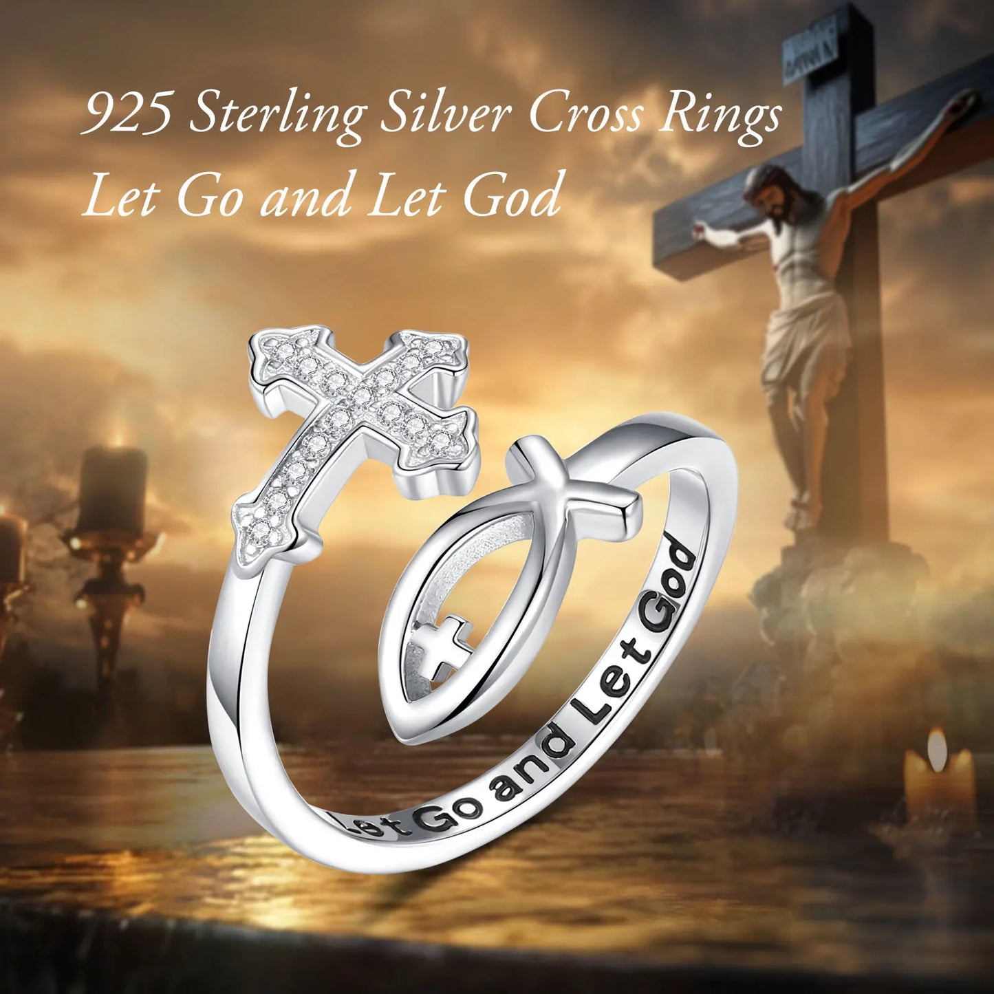 Eudora 925 Sterling Silver Cross Jesus Fish Adjustable Ring for Women Christian Blessed Cross Ichthus Ring Jewelry Gift for Mom