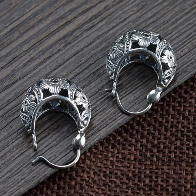 S925 Sterling Silver Studs Earring New Fashion Simple Ancient Hollow Flower Ear-studs Solid Pure Argentum Ear Jewelry for Women