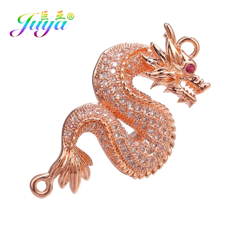 Juya Handmade 18K Gold Plated Cz Paved Decorative Copper Dragon Charms Connectors Accessories For DIY Talisman Jewelry Making