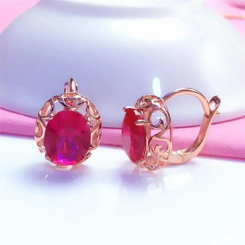 New 585 purple gold inlaid ruby earrings for women hollow design 14K rose gold classic luxury engagement jewelry for girlfriend
