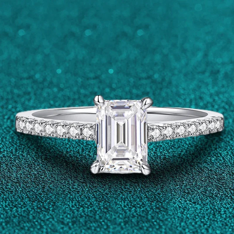 NeeTim1CT Moissanite Ring for Women Emerald Radiant Cut Diamond Wedding 925 Silver White Gold Plated Rings Fine Jewelry