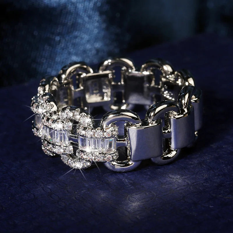 Fashion Luxury Large Row Flashing Zircon Ring Men And Women Hip-Hop Chain Type 925 Stamp Jewelry Wedding Party Birthday Gift