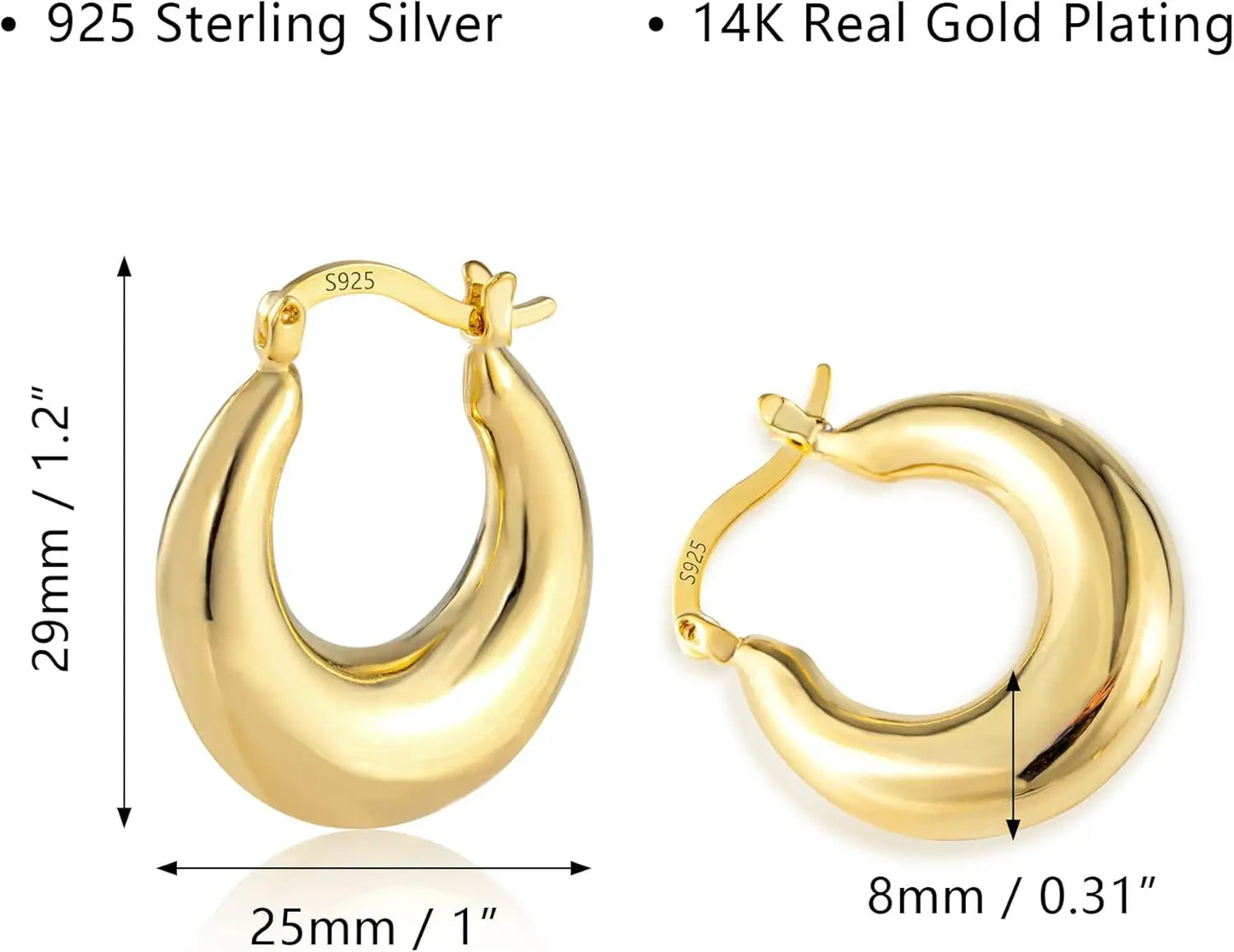 Orecchini Cerchio argento 925, Orecchini Donna Argento 925, Placcati in oro 14K Orecchini Donna