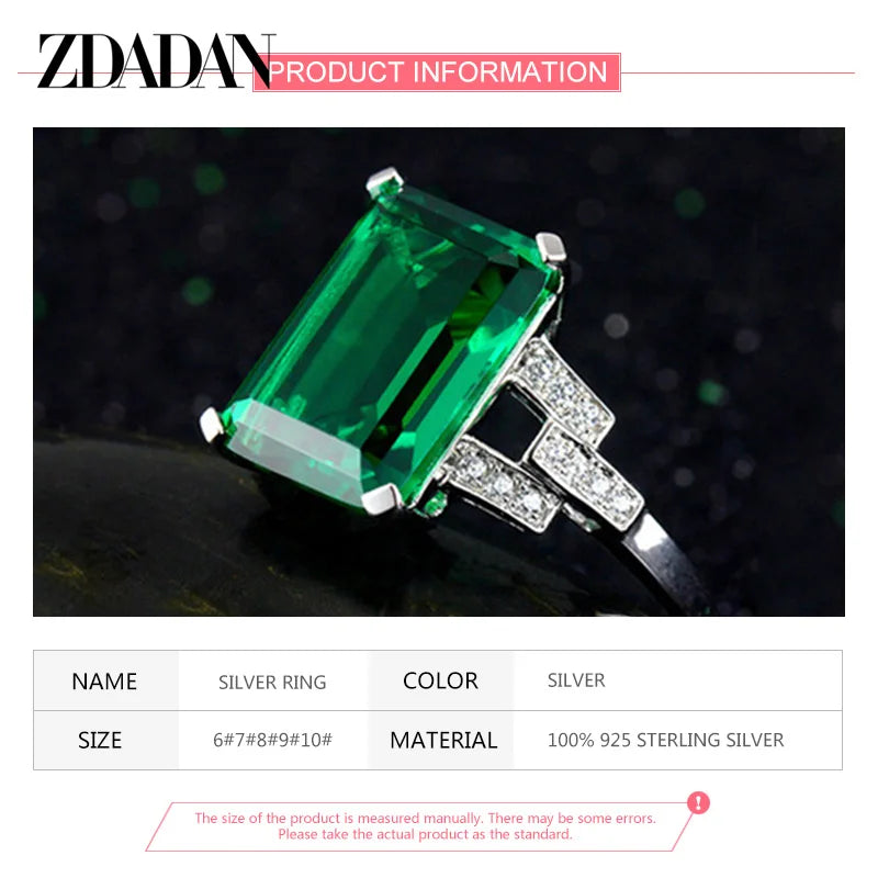 ZDADAN 925 Sterling Silver Charm Emerald Rings For Women Fashion Wedding Jewelry