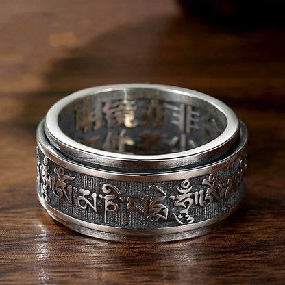 Real 925 Sterling Silver Vintage Rings Rotatable Tibetan Six Words Mantra Rings Om Mani Padme Hum Buddhist Jewelry
