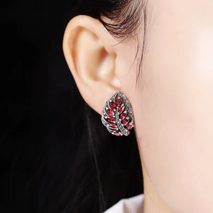 S925 Sterling Silver Stud Earrings for Women New Women's Fashion Relief Leaf Marcasite Garnet Agate Silver Ear-Clip Jewelry