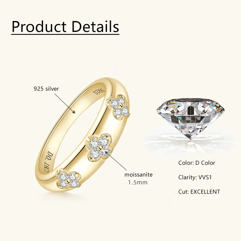 Lnngy 0.18CTTW Moissanite Chunky Ring For Women Anelli Argento 925 Sterling Silver Four-leaf Clover Rings Wedding Jewelry Gift