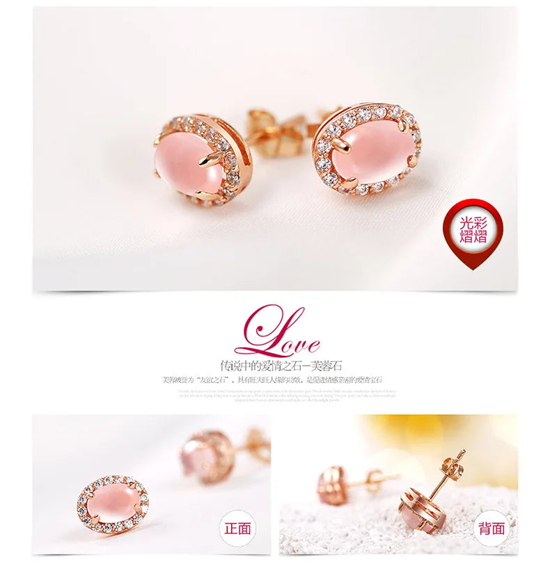 Luxury Pink Quartz 14k Rose Gold Stud Earrings for Women Romantic Elegant Female Fine Daily Jewelry Earrings Designer Jewelry
