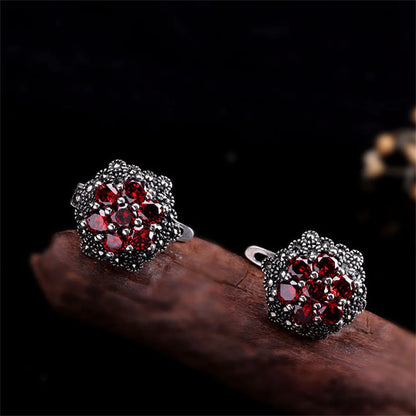S925 Sterling Silver Earrings for Women New Women's Fashion Relief Flower Marcasite Garnet Agate Argentum Ear-Clip Jewelry