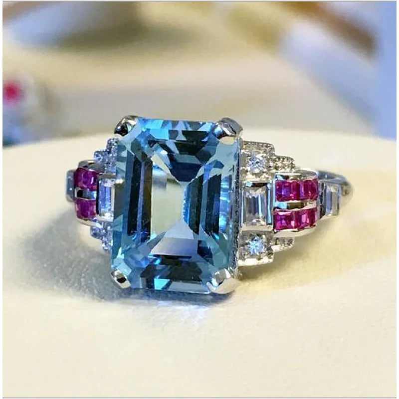 2026 New Topaz and Aquamarine Ring - Set with Red Spinel Jewelry - A Fashionable and Elegant Valentine's Day Gift for Girls