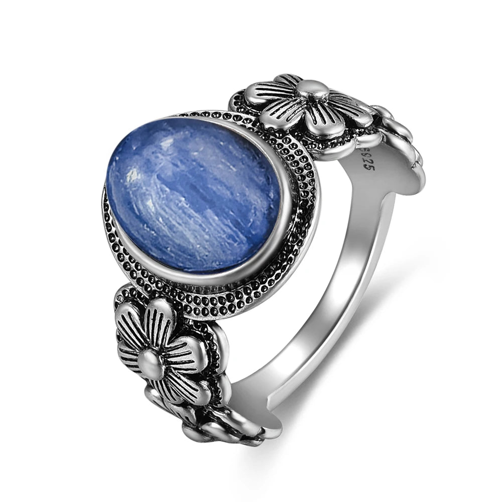 Vintage S925 Sterling Silver Ring Oval Round Natural Kyanite Ring Sun And Flower Shaped Retro Fine Jewelry For Women Men