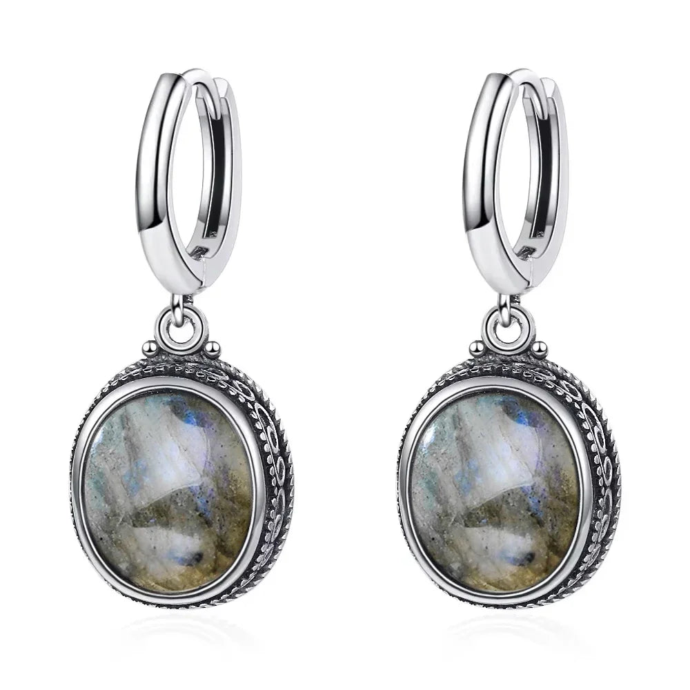 Vintage 925 Sterling Silver Earring Oval Natural Kyanite Stone Moonstone Labradorite Hoop Earrings With Necklace Set For Women