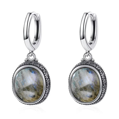 Vintage 925 Sterling Silver Earring Oval Natural Kyanite Stone Moonstone Labradorite Hoop Earrings With Necklace Set For Women