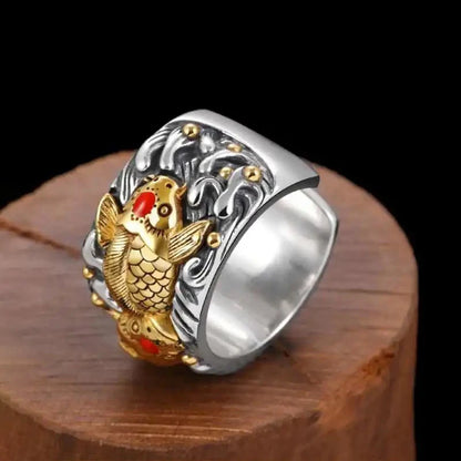 Classic and Domineering cameo mens rings Golden koi fish Retro 925 Thai Silver Trendy rings for women Banquet Jewelry Gift