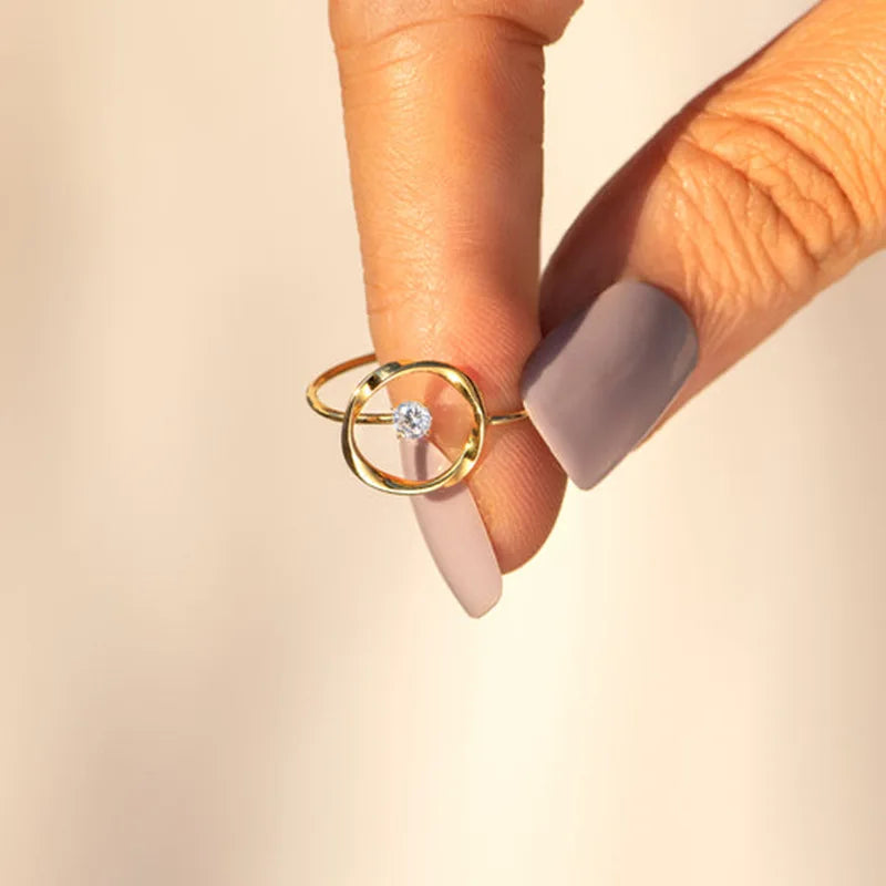 Trumium Solid 925 Sterling Silver 14k Gold Plated Hollow Circle rings for women Round Zircon Shinning Fine Jewelry Adjustable