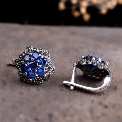 S925 Sterling Silver Earrings for Women New Women's Fashion Relief Flower Marcasite Garnet Agate Argentum Ear-Clip Jewelry