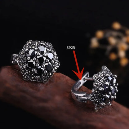 S925 Sterling Silver Earrings for Women New Women's Fashion Relief Flower Marcasite Garnet Agate Argentum Ear-Clip Jewelry