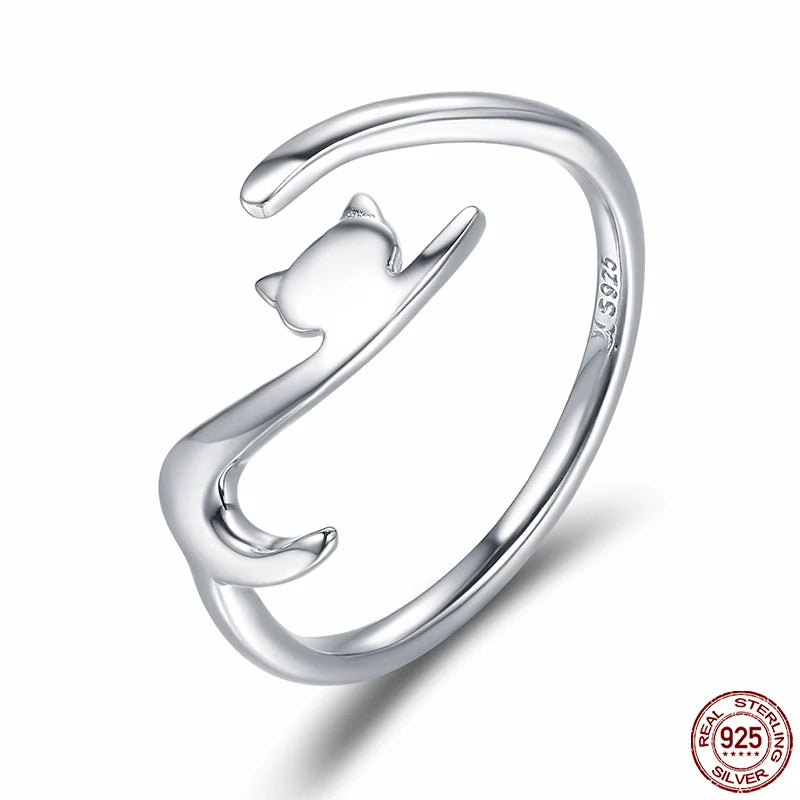 Bamoer Genuine 925 Sterling Silver Cute Cat And Dog Adjustable Ring For Women S925 Open Animal Ring Fine Jewelry Accessories