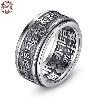 Real 925 Sterling Silver Vintage Rings  Rotatable Tibetan Six Words Mantra Rings Om Mani Padme Hum Buddhist Jewelry
