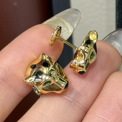 KQDANCE 925 Silver Black Enamel Emerald Green Pear Cut Carbon Diamond Leopard Head Earrings Studs 18K Gold Plate Luxury Jewelry