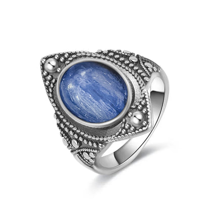 Vintage S925 Sterling Silver Ring Oval Round Natural Kyanite Ring Sun And Flower Shaped Retro Fine Jewelry For Women Men