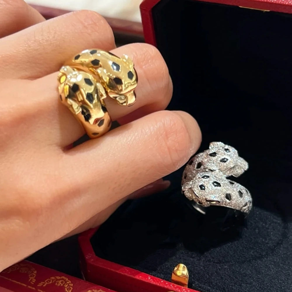 925 Sterling Silver Black Spots CZ Carbon Diamond Double Panther Leopard Open Rings Luxury Designer Jewelry for Men or Women