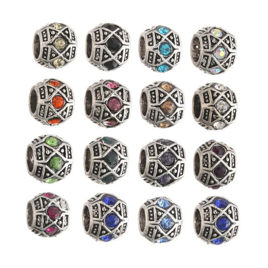 10 Pcs Vintage Antique Silver Color Large Hole Metal Rhinestone Bead Fit Charm Bracelets Necklace DIY Jewelry Making Accessories