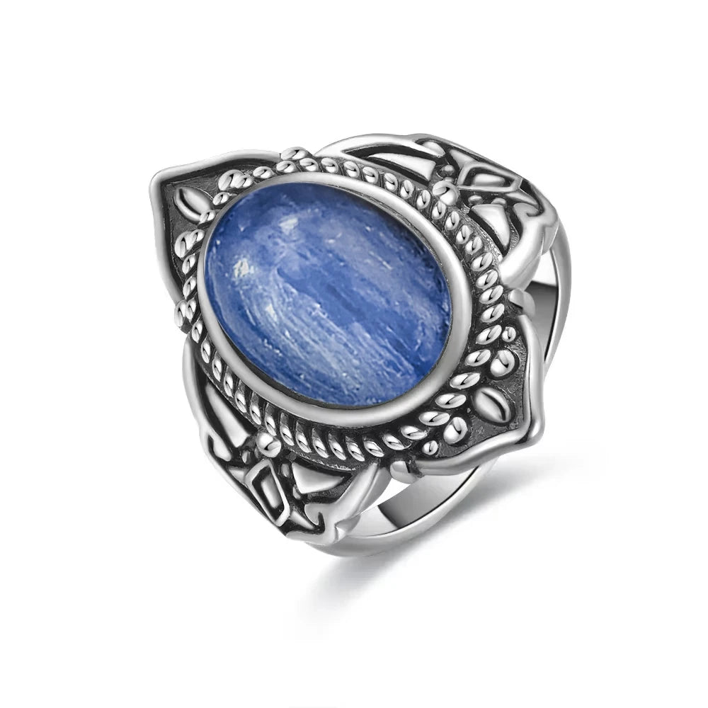 Vintage S925 Sterling Silver Ring Oval Round Natural Kyanite Ring Sun And Flower Shaped Retro Fine Jewelry For Women Men