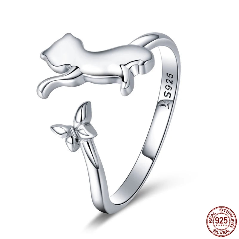 Bamoer Genuine 925 Sterling Silver Cute Cat And Dog Adjustable Ring For Women S925 Open Animal Ring Fine Jewelry Accessories