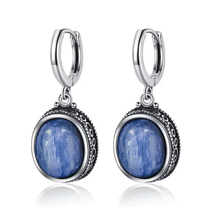Vintage 925 Sterling Silver Earring Oval Natural Kyanite Stone Moonstone Labradorite Hoop Earrings With Necklace Set For Women