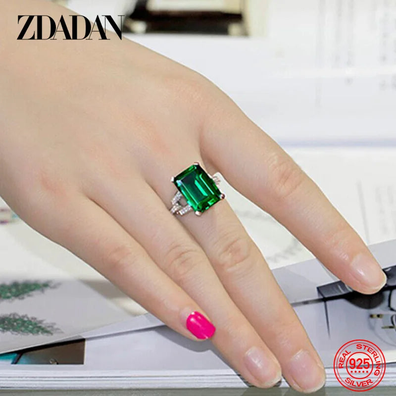 ZDADAN 925 Sterling Silver Charm Emerald Rings For Women Fashion Wedding Jewelry