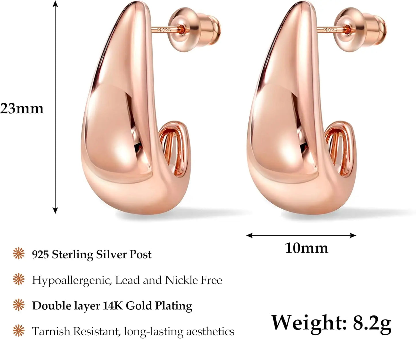 Orecchini a cerchio in argento sterling 925 Chunky Huggie da donna, placcati in oro 14 carati, a