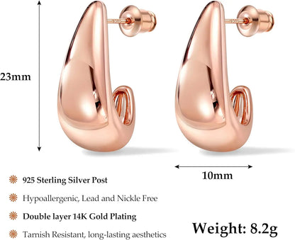 Orecchini a cerchio in argento sterling 925 Chunky Huggie da donna, placcati in oro 14 carati, a