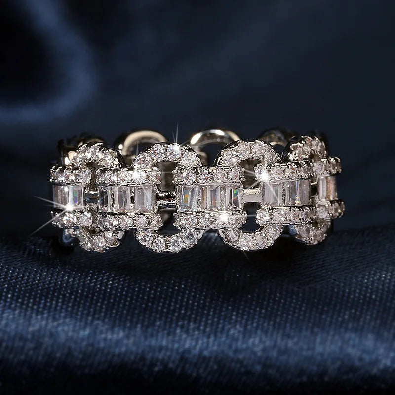 Fashion Luxury Large Row Flashing Zircon Ring Men And Women Hip-Hop Chain Type 925 Stamp Jewelry Wedding Party Birthday Gift