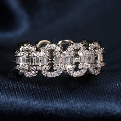 Fashion Luxury Large Row Flashing Zircon Ring Men And Women Hip-Hop Chain Type 925 Stamp Jewelry Wedding Party Birthday Gift