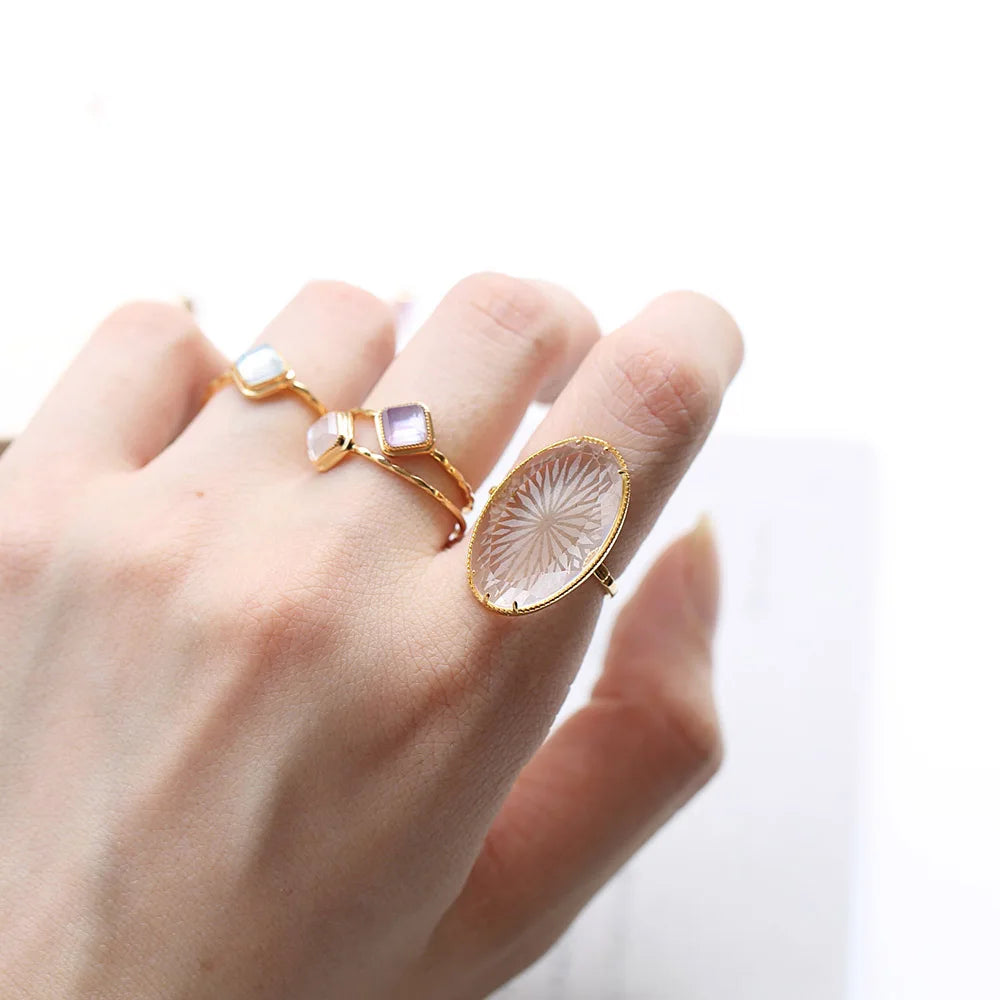 LAMOON 925 Silver Ring For Women Luxury Vintage Palace Snowflake Natural White Crystal 14K Gold Plated Fine Jewelry LMRI154