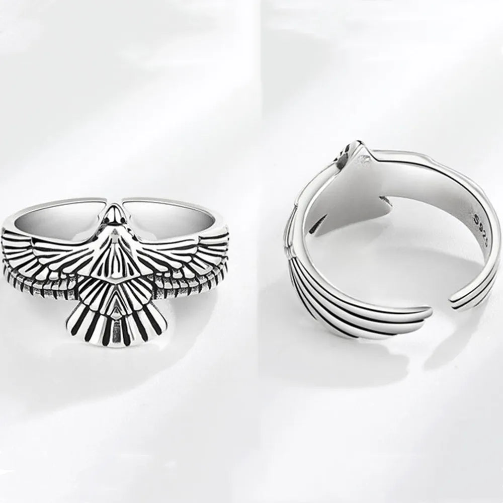 Buyee 925 Sterling Silver Male Ring Finger Elegant Gray Eagle Open Ring for Men Fashion Unique Punk Fine Jewelry Circle Gift
