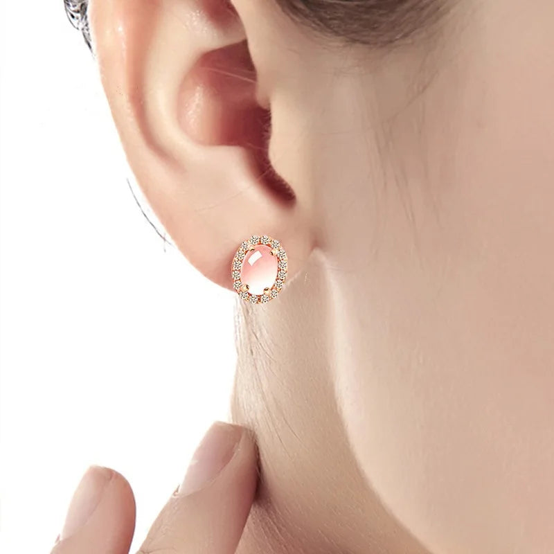 Luxury Pink Quartz 14k Rose Gold Stud Earrings for Women Romantic Elegant Female Fine Daily Jewelry Earrings Designer Jewelry