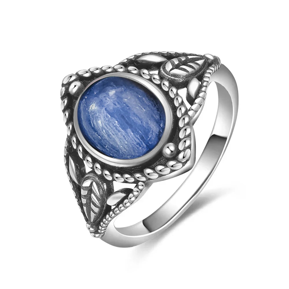 Vintage S925 Sterling Silver Ring Oval Round Natural Kyanite Ring Sun And Flower Shaped Retro Fine Jewelry For Women Men