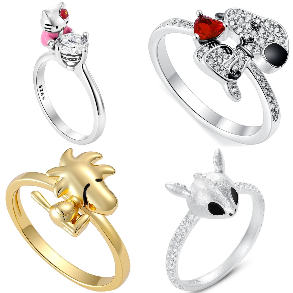 925 Sterling Silver Cute Cartoon Animal Character Ring Collection Lovely Cat Dog Alien Design Rings for Women Daily Jewelry