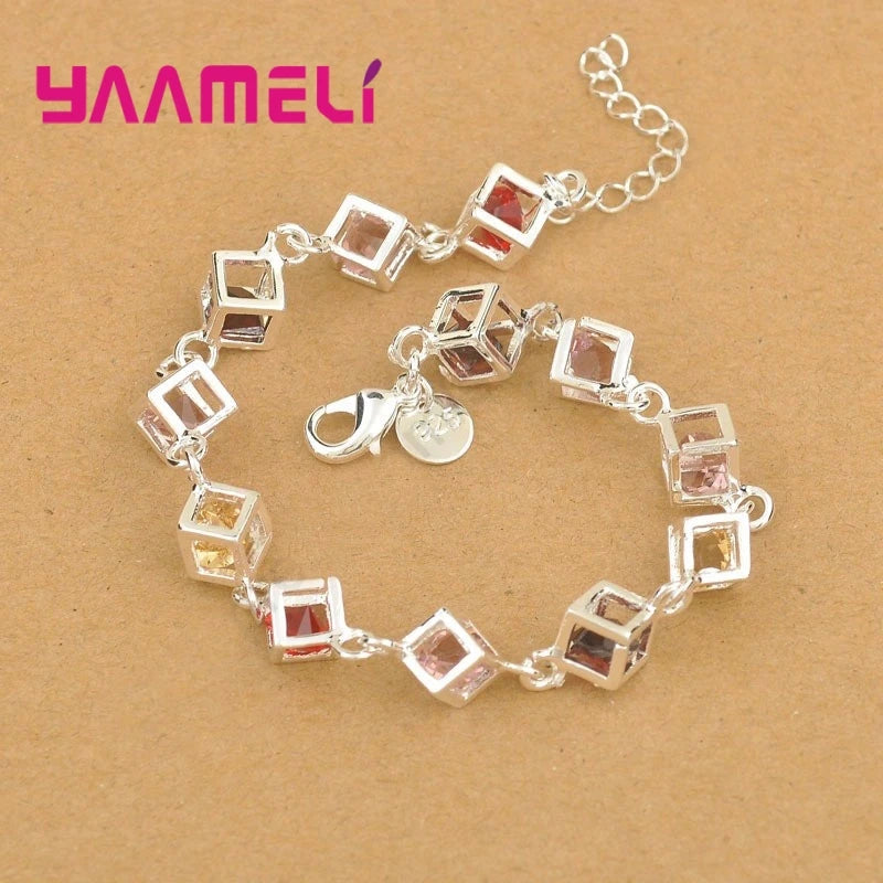 Sweet Valentine's Gifts Shining 925 Sterling Silver Multicolor Cubic Zircon Stone Heart Charms Women Ladies Bracelet HOT