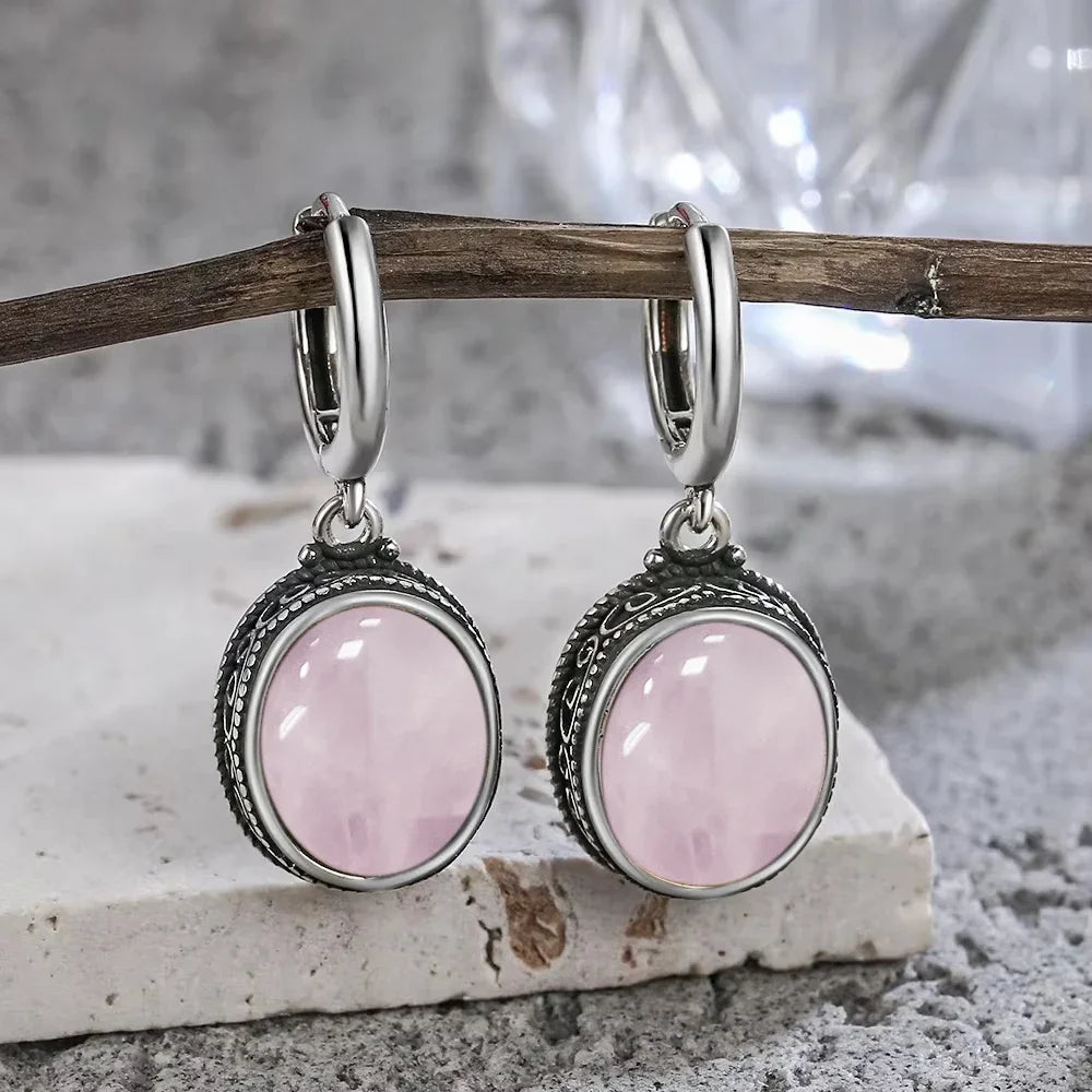 Vintage 925 Sterling Silver Earring Oval Natural Kyanite Stone Moonstone Labradorite Hoop Earrings With Necklace Set For Women