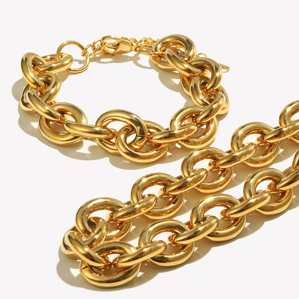 2025 Exaggerated Stainless Steel Tarnish Free Chunky O Chain Gold Choker Necklace Bracelet Jewelry Set Statement Necklace