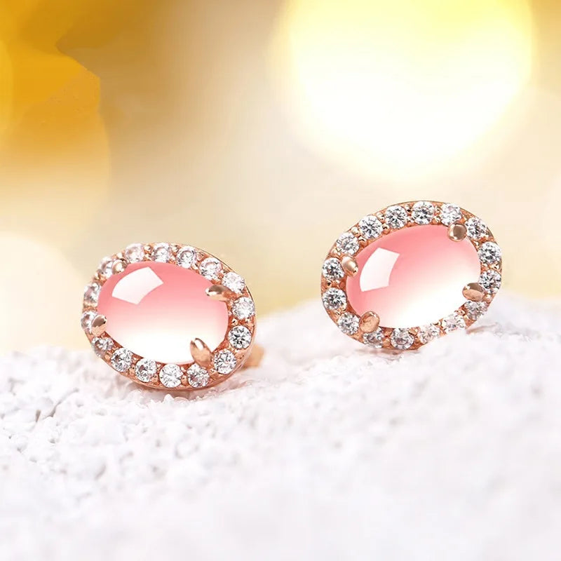 Luxury Pink Quartz 14k Rose Gold Stud Earrings for Women Romantic Elegant Female Fine Daily Jewelry Earrings Designer Jewelry