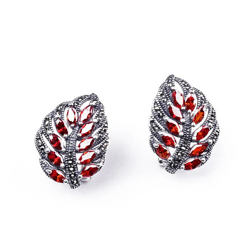 S925 Sterling Silver Stud Earrings for Women New Women's Fashion Relief Leaf Marcasite Garnet Agate Silver Ear-Clip Jewelry