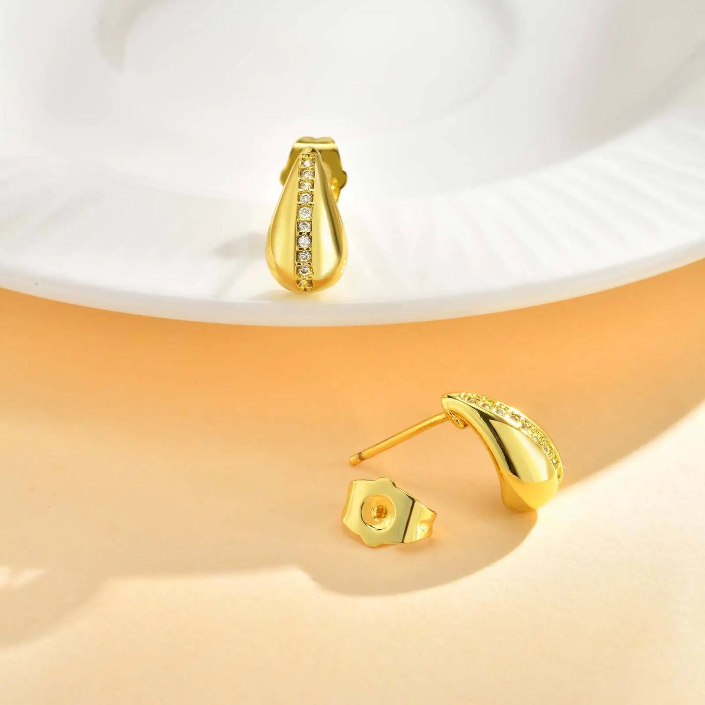 Teardrop Gold Plated Earrings for Women, Zirconia Water Droplet Stud Earring, Birthday Wedding Party Jewelery
