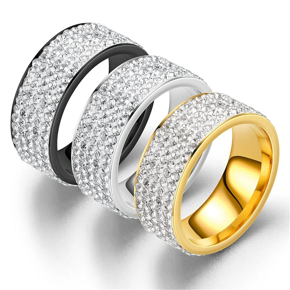Hip Hop Iced Out Bling Ring 8mm Male Black/Gold/Silver Color Stainless Steel Engagement Wedding Rings for Women Men Jewelry Gift
